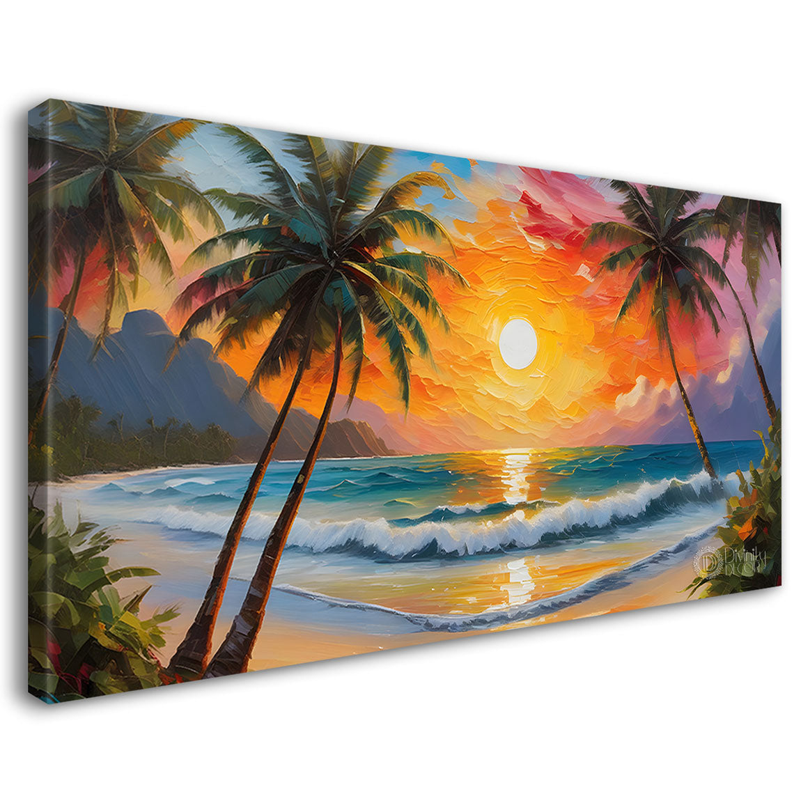 Sea with mountains and tree in sunset textured painting Canvas Painting - Nature Art -458