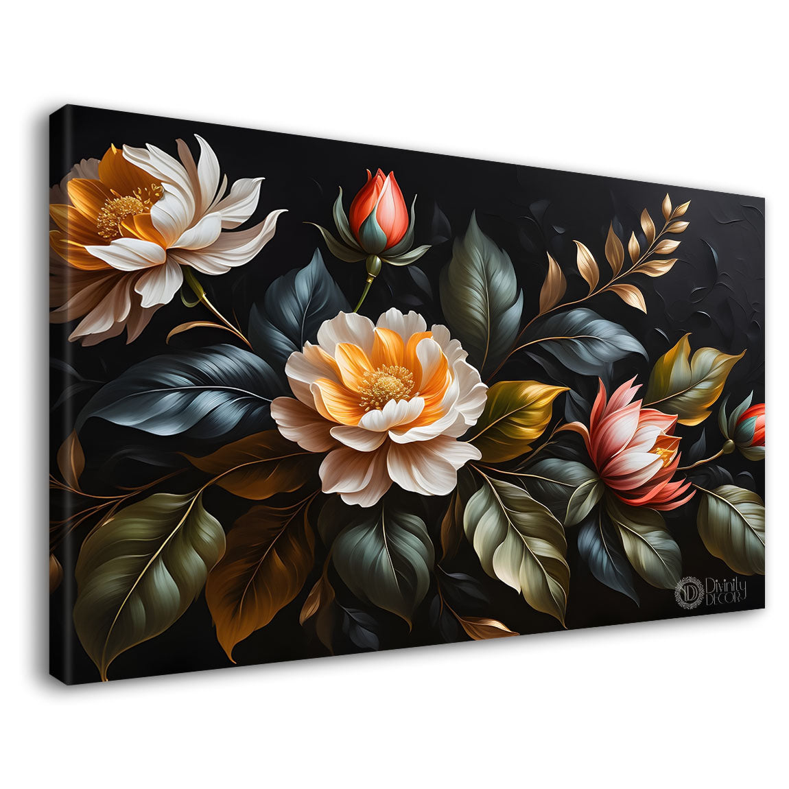 Pink flowers in black background canvas painting- Flower-459