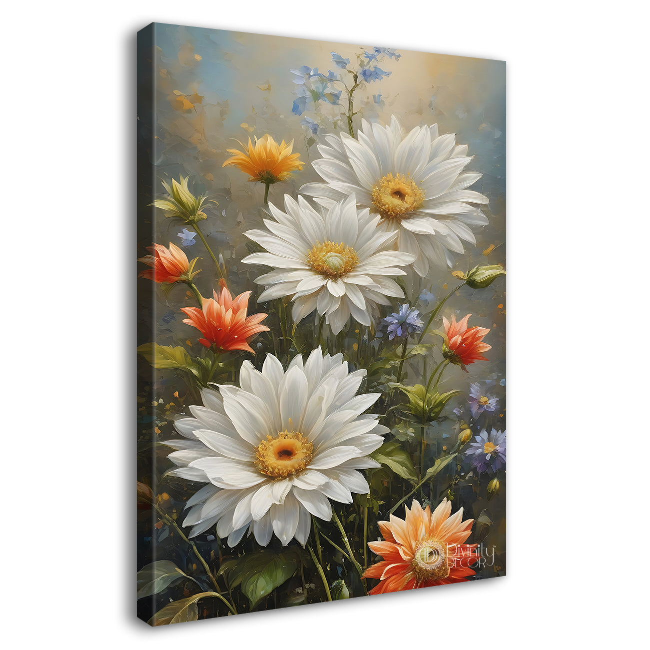 White flowers in grey textured painting- Flower-V-459