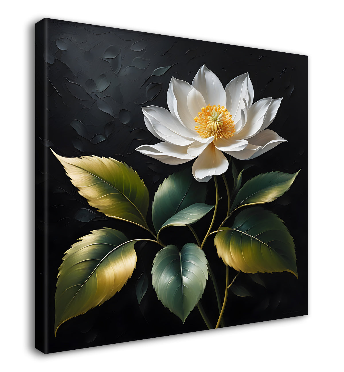 White flower in black textured oil painting - Flower-S-459