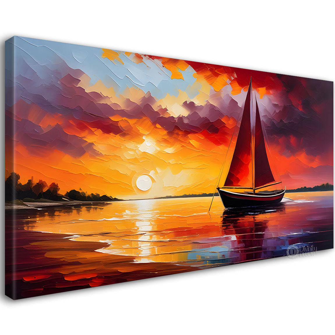 Boat in sea with red sunset background textured modern art canvas painting - Design - River-45