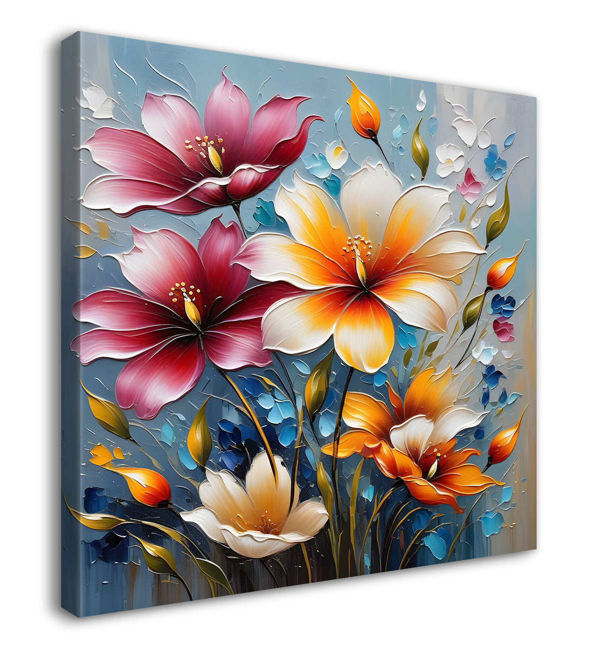 Colourful flowers in blue background textured painting  - Flower-S-45