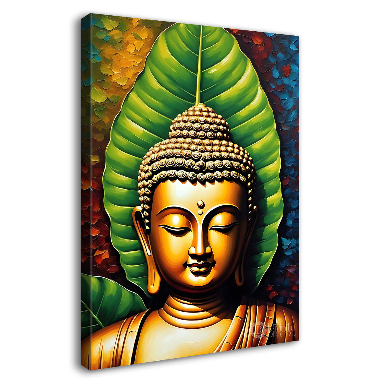Golden buddha face with green leaf background textured painting- Buddha-V-45