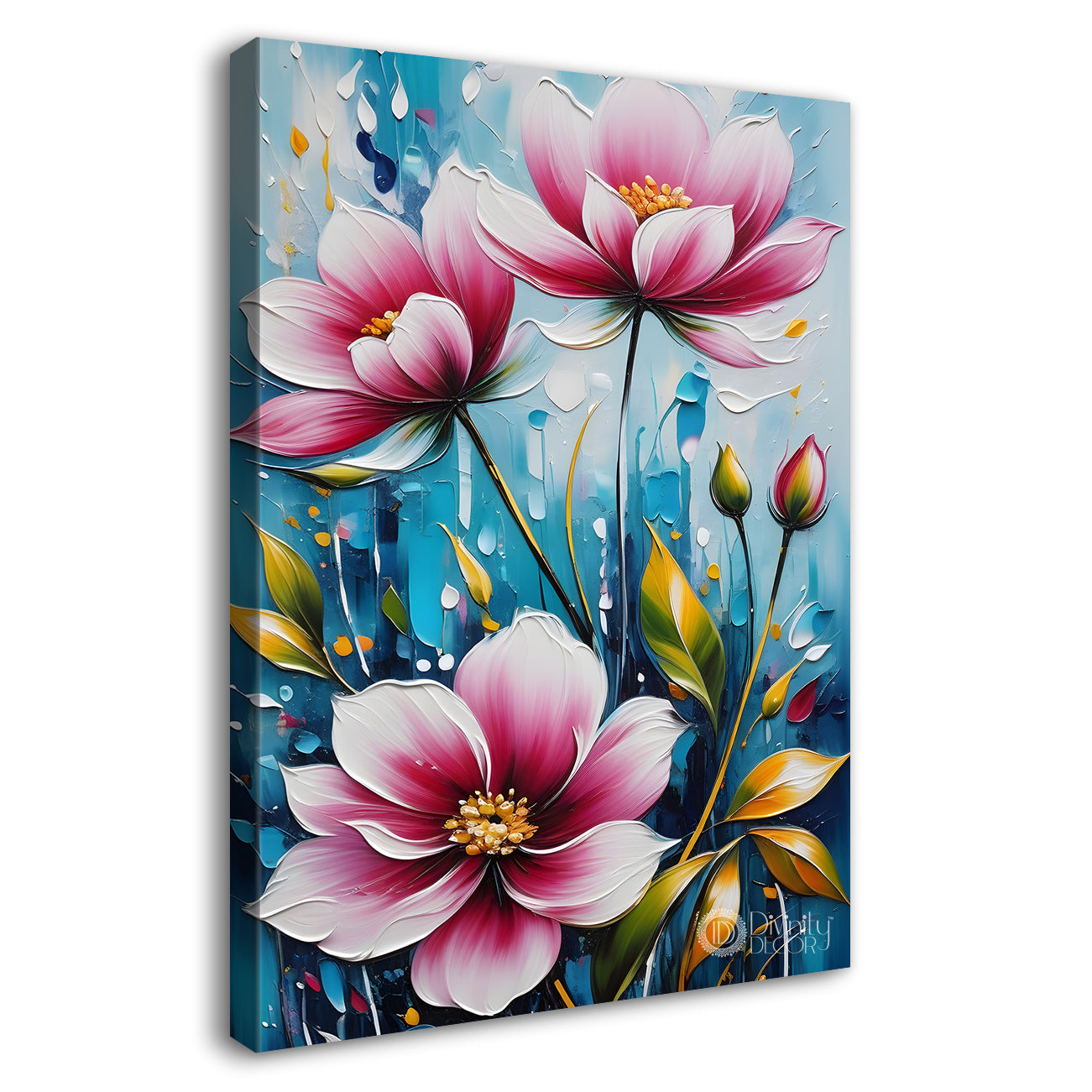 Pink flowers in blue textured background painting - Flower-V-45