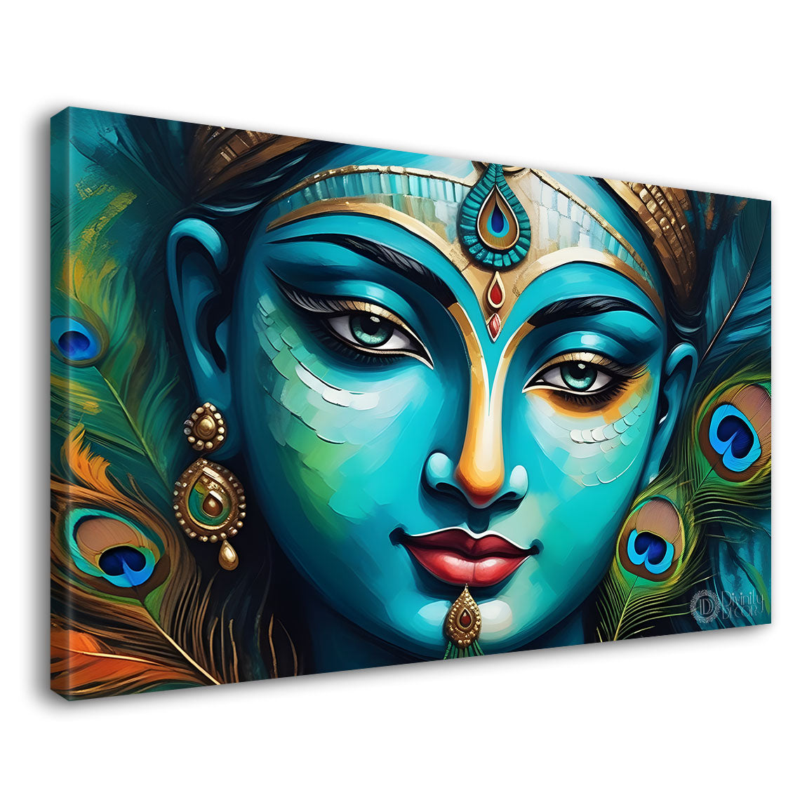Krishna face painting in blue texture with peacock feather background Canvas Painting - Design - Krishna-45