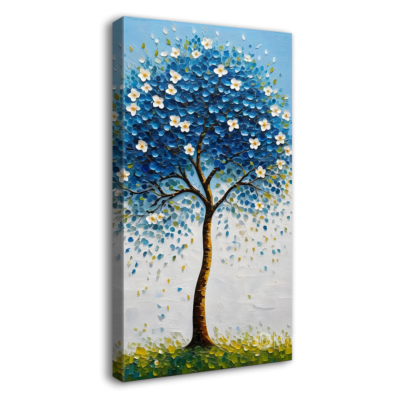 White flowers blue tree in textured oil painting Canvas painting - Tree-V-45