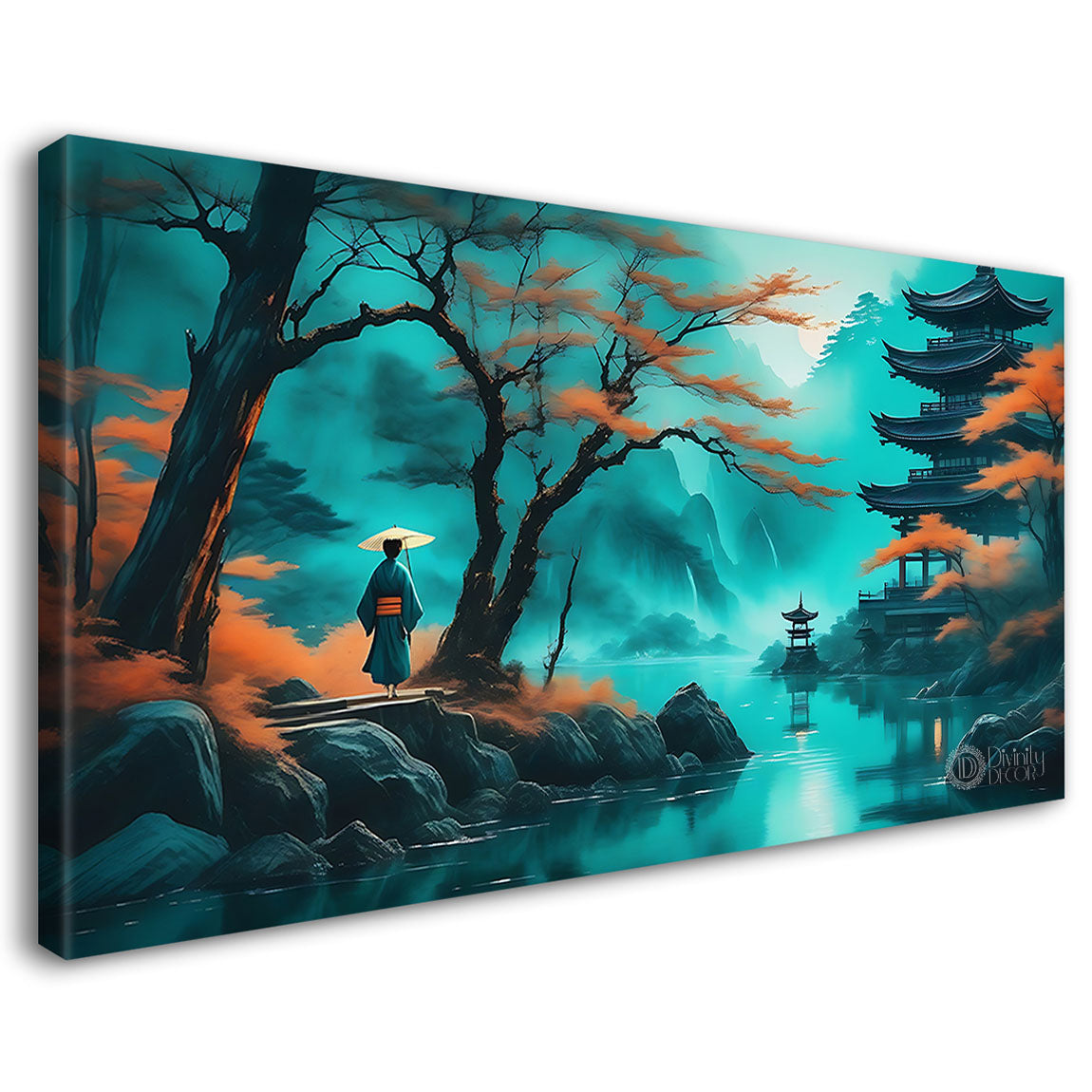 Japanese girl with umbrella and orange trees, lake in aqua green textured natural art Canvas Painting - Nature Art -45