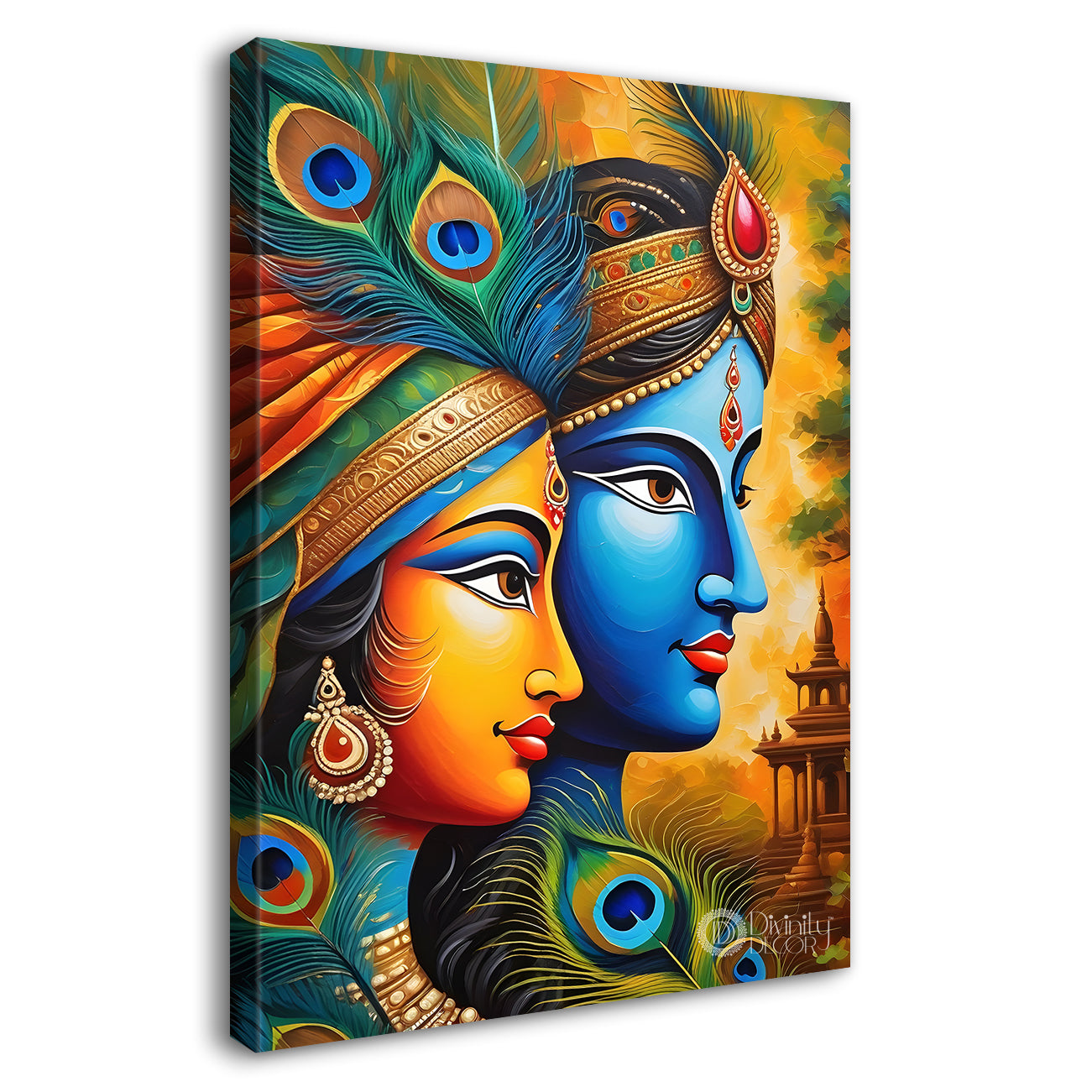 Blue face of krishna with radha in light brown temple background textured art Canvas Painting - Design - Krishna-V-45