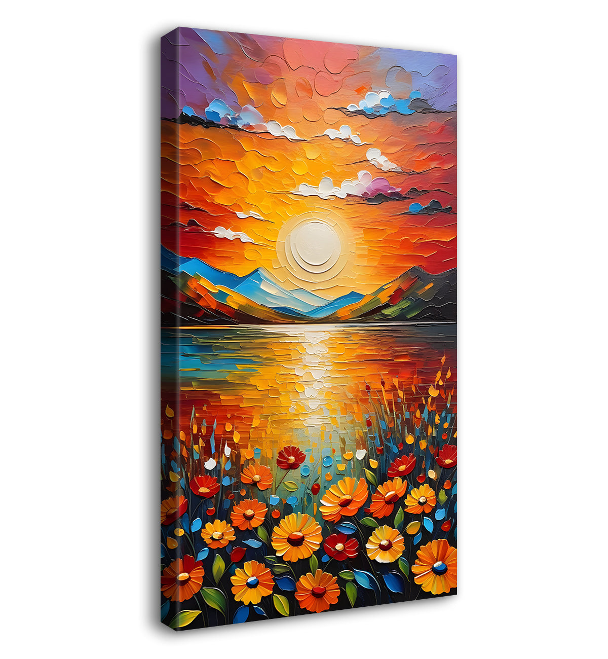 Sunrise with beautiful colourful flowers textured art Canvas Painting - Nature Art -V-45