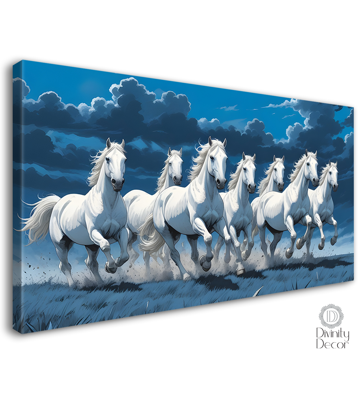 White running horses in cloudy and blue textured background art Canvas Painting - Design - Horse-46
