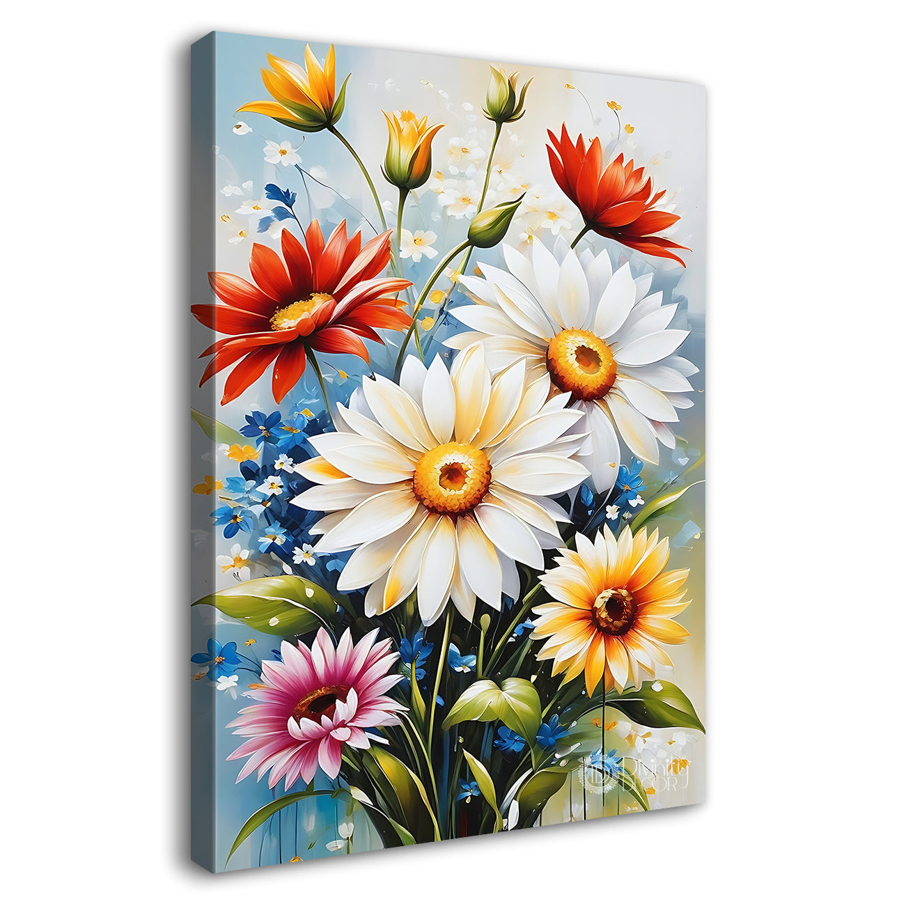 Colourful lowers in sky blue textured background painting- Flower-V-460