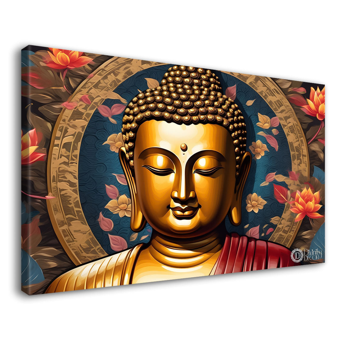 Golden buddha with orange flowers and chakra background textured painting Canvas Wall Painting - Buddha-461