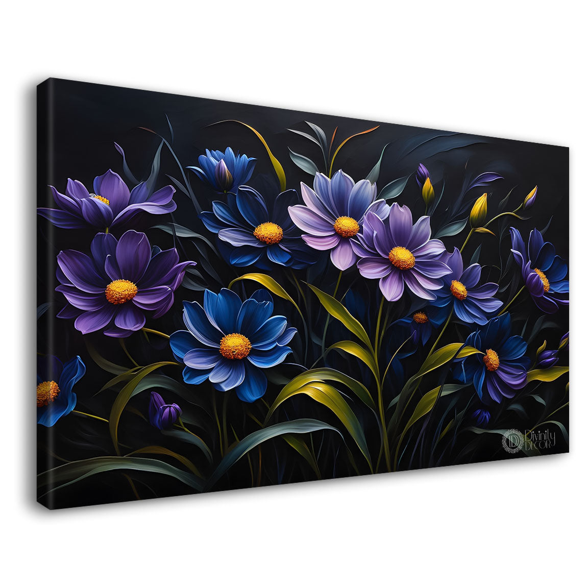 Navy blue flowers in black background canvas painting- Flower-461