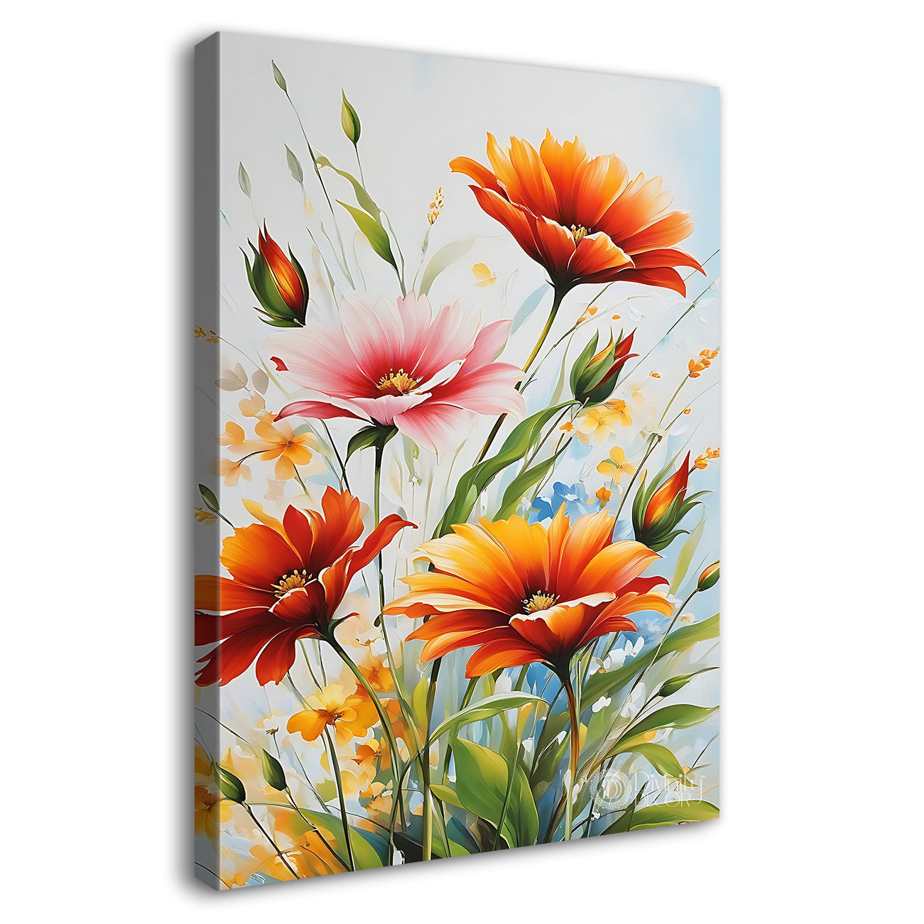 Orange flowers in grey textured background painting - Flower-V-461