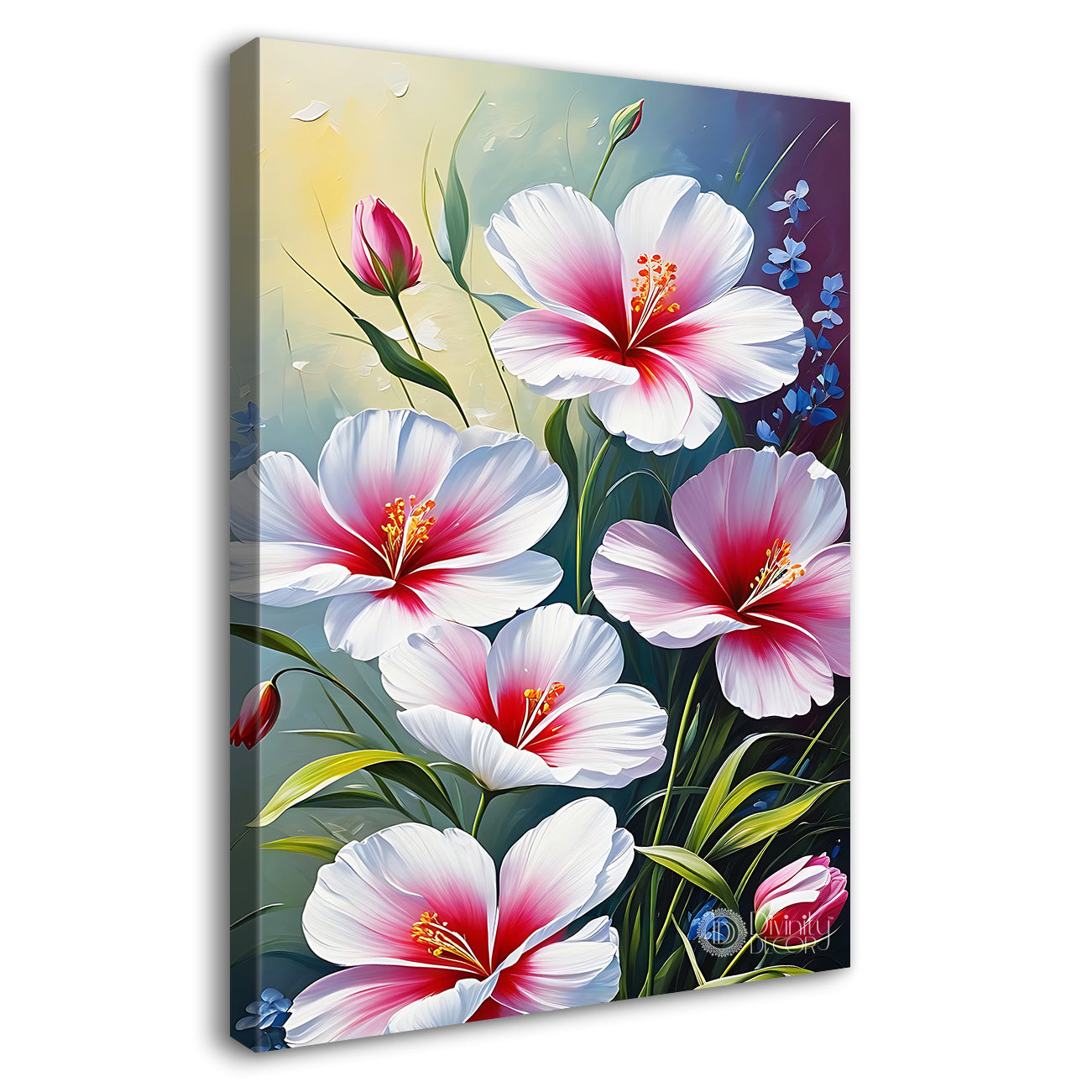 Pink flowers in blue textured painting - Flower-V-462