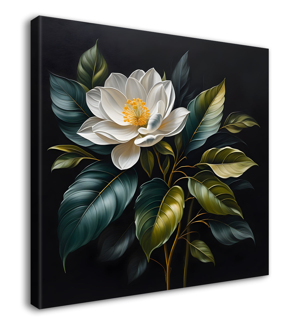 White flower in black textured oil painting  - Flower-S-462