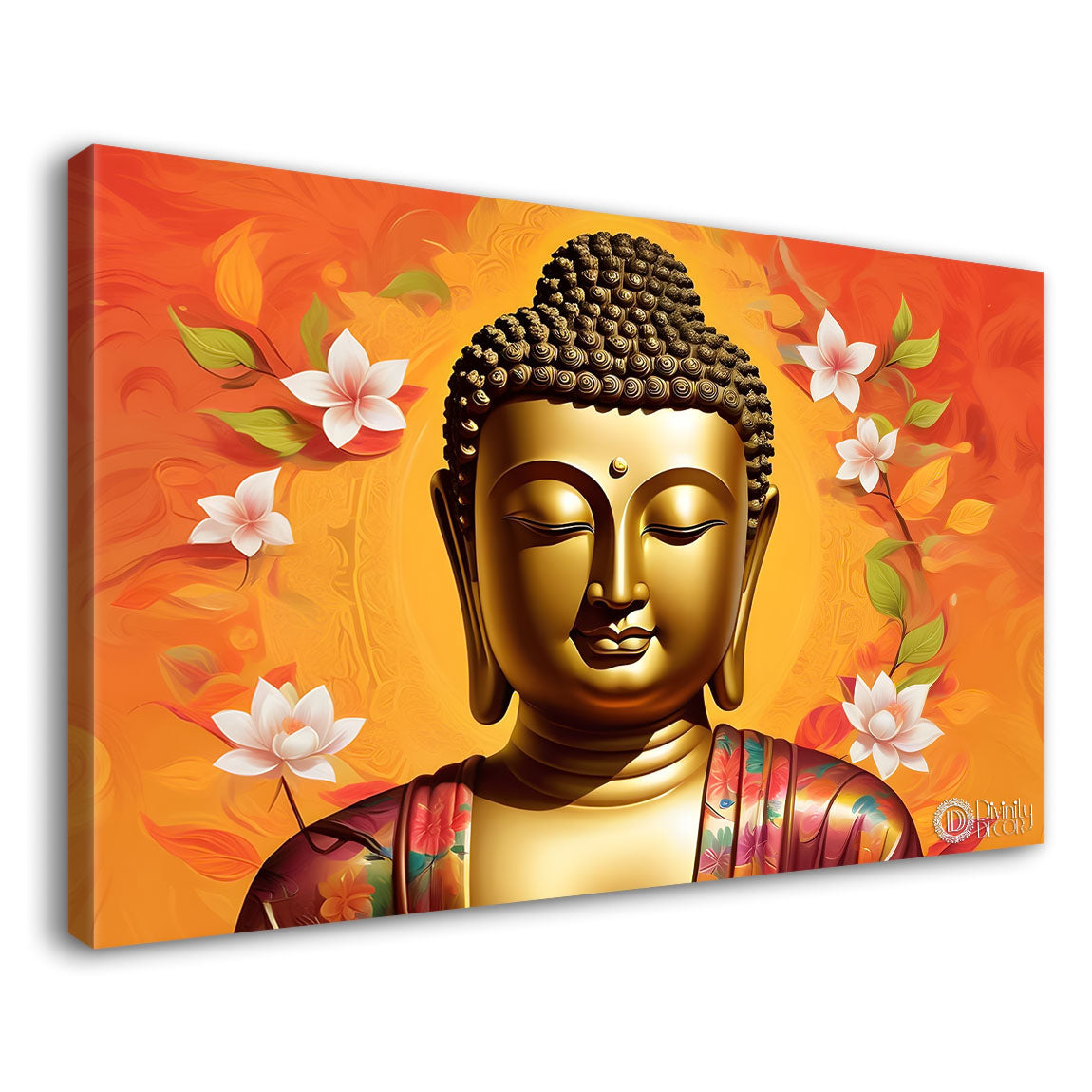 Golden buddha with the orange background textured painting Canvas Wall Painting - Buddha-464