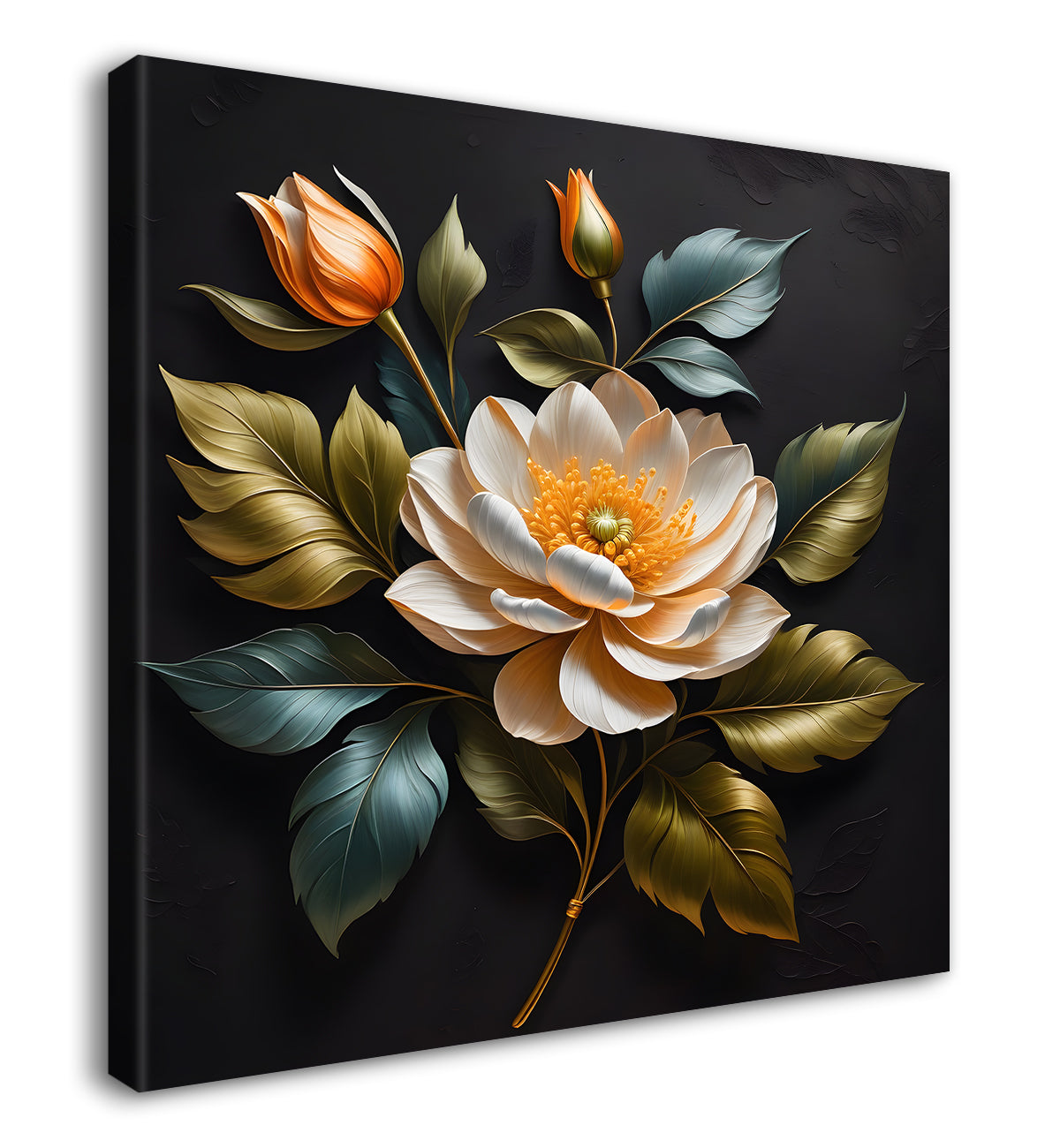White flower in black textured oil painting - Flower-S-464