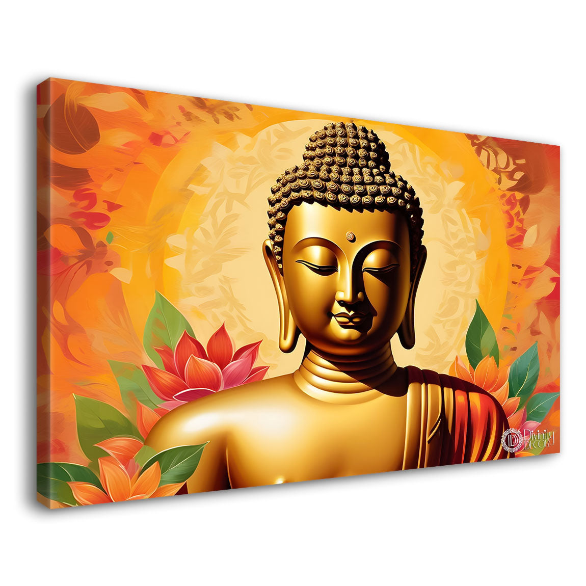 Golden buddha with the orange background textured painting Canvas Wall Painting - Buddha-465