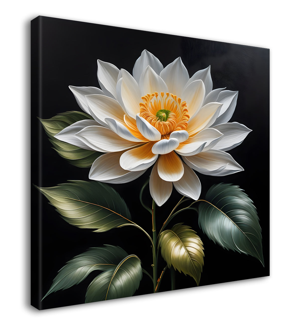 White flower in black textured oil painting - Flower-S-465