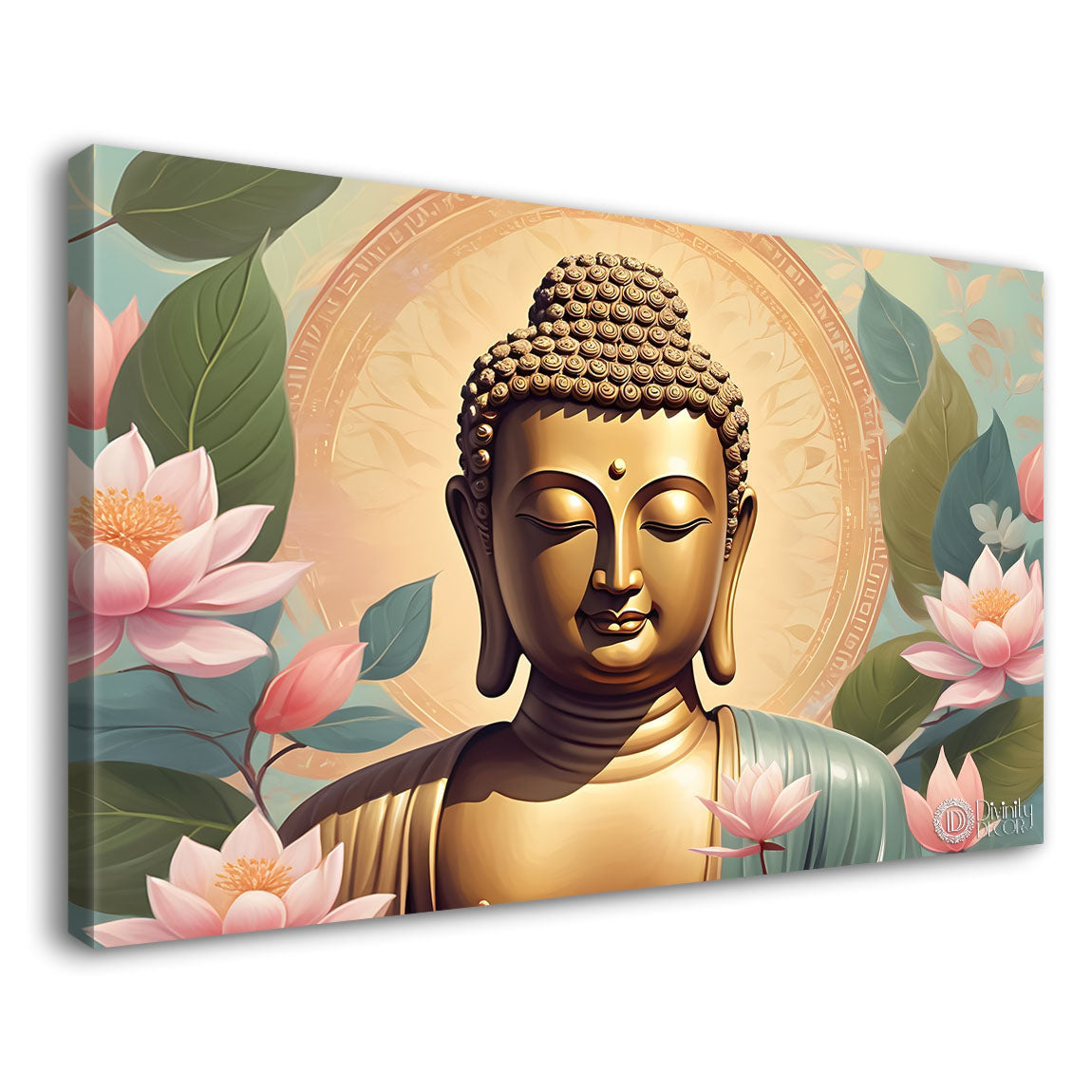 Golden buddha with the beautiful flowers background textured painting Canvas Wall Painting - Buddha-466
