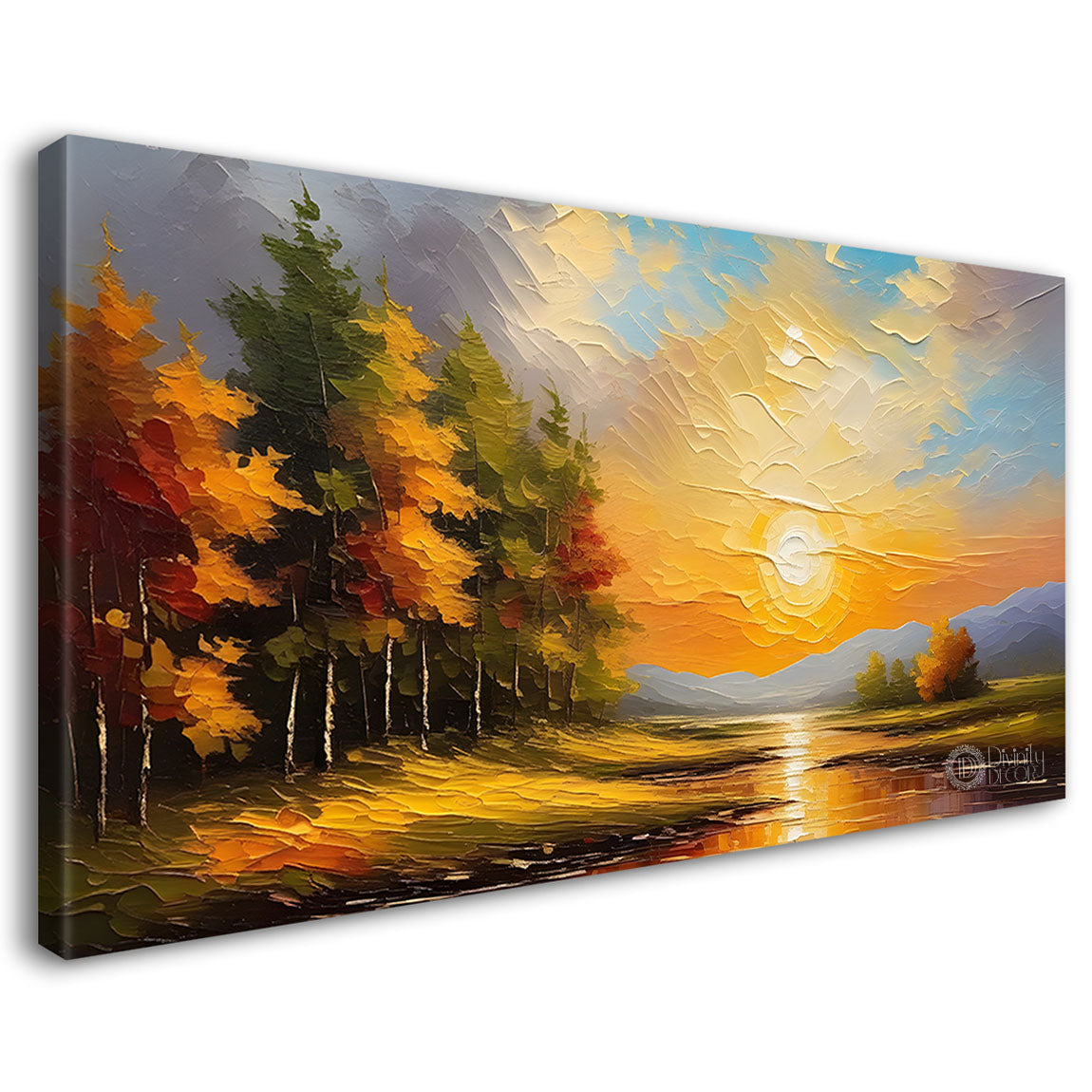 River with tree and sunset painting Canvas Painting - Nature Art -466