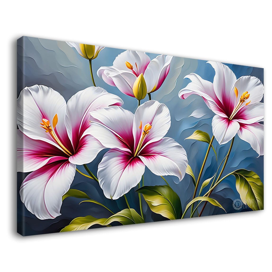 White flowers in blue background canvas painting- Flower-466