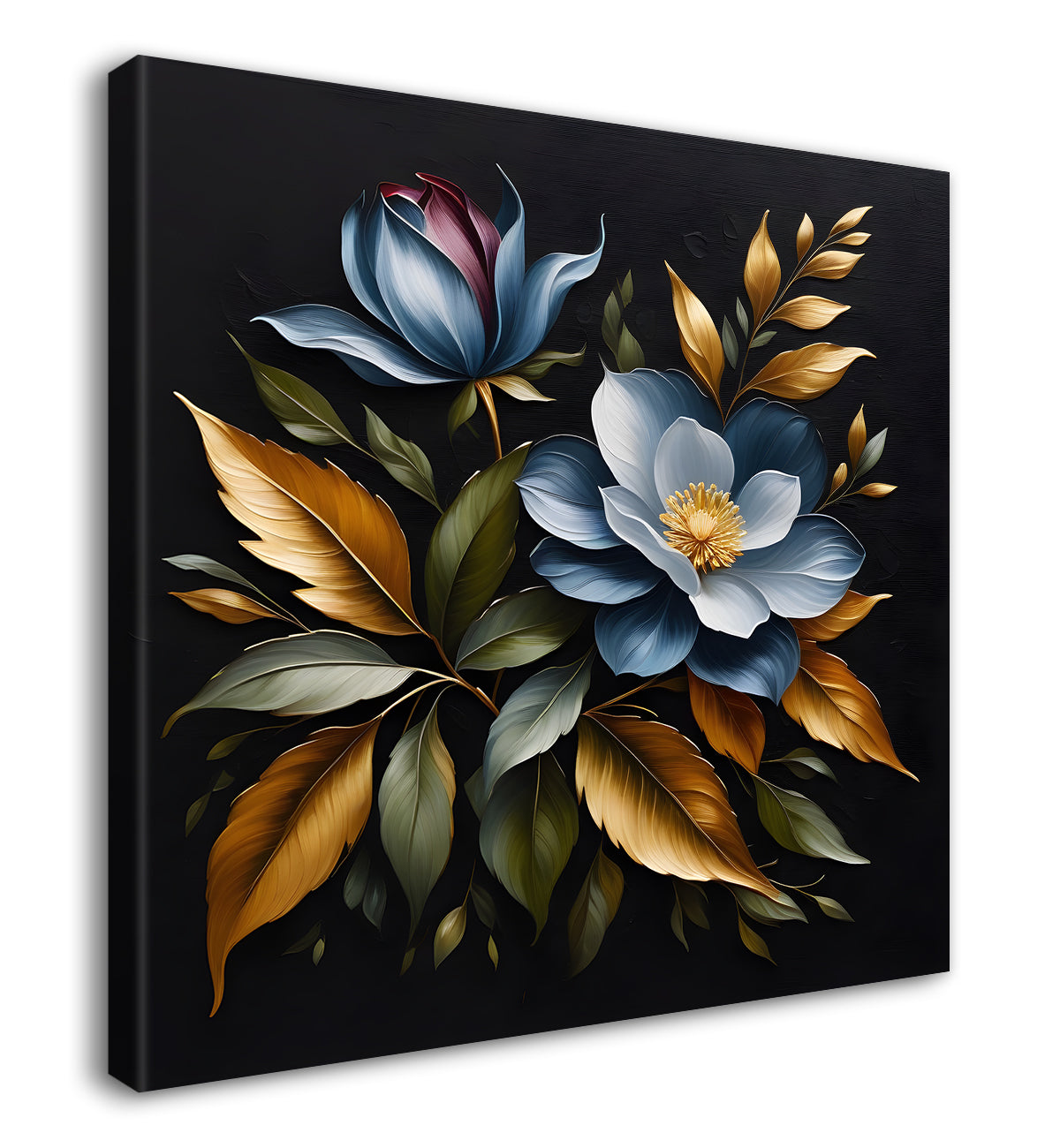 Blue flower in black textured oil painting - Flower-S-466