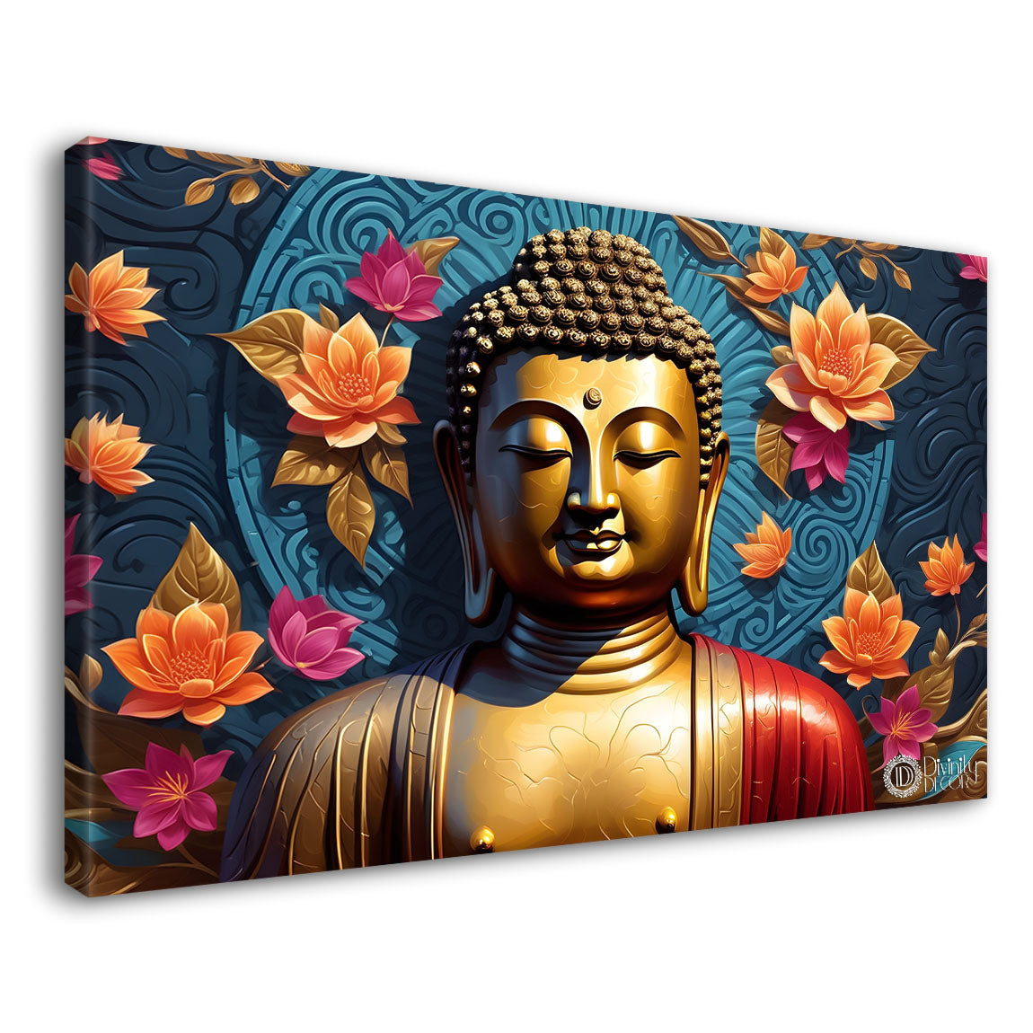 Golden buddha with the beautiful flowers background textured painting Canvas Wall Painting - Buddha-467