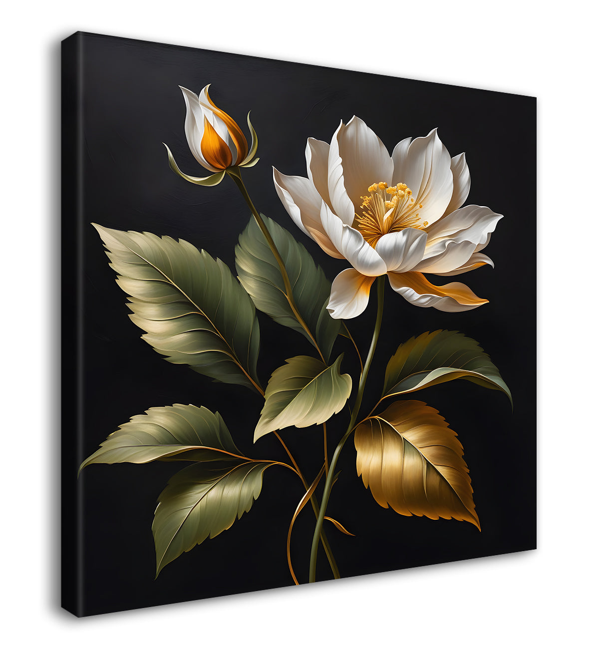 White flower in black textured oil painting - Flower-S-467