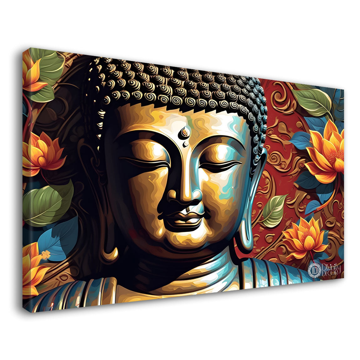 Golden buddha with the beautiful flowers background textured painting Canvas Wall Painting - Buddha-468
