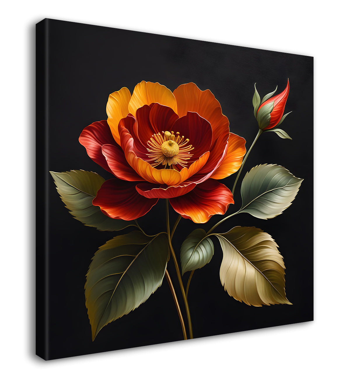 Orange flower in black textured oil painting - Flower-S-468