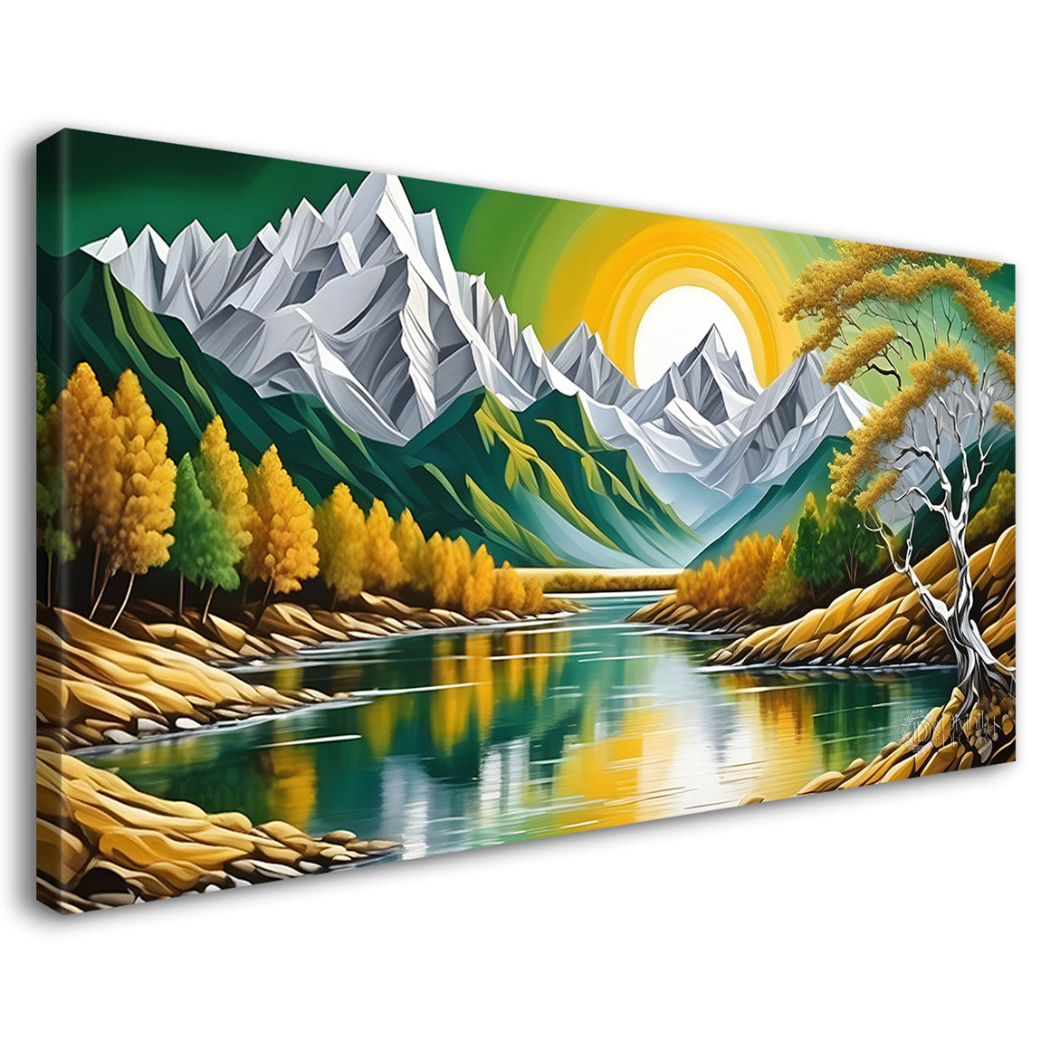 Mountains with sun and river painting Canvas Painting - Nature Art -468