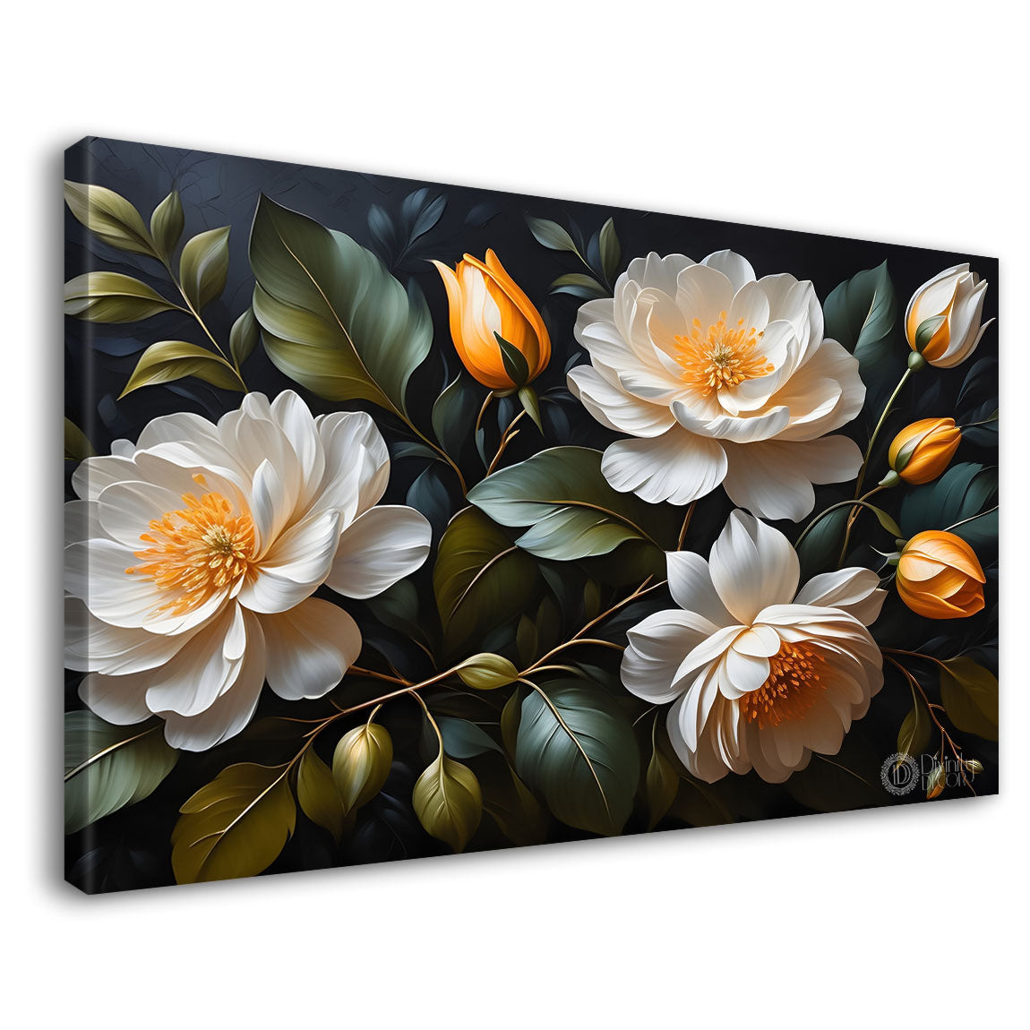 White flowers in black background canvas painting- Flower-468