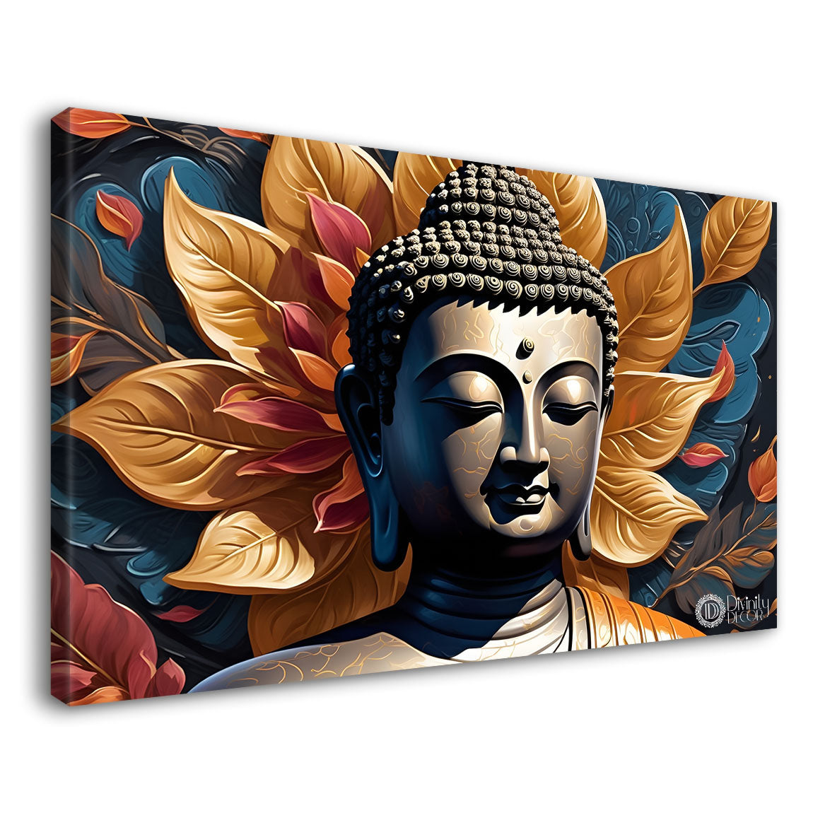 Golden buddha with the golden leaves background textured painting Canvas Wall Painting - Buddha-469