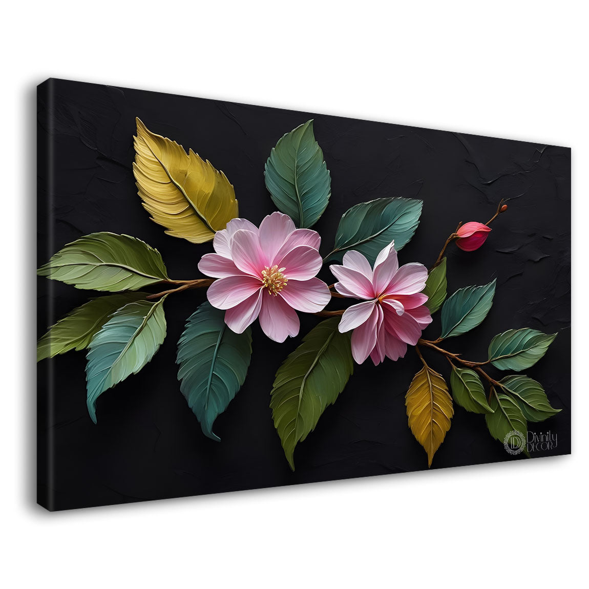Pink flowers in black background canvas painting- Flower-469