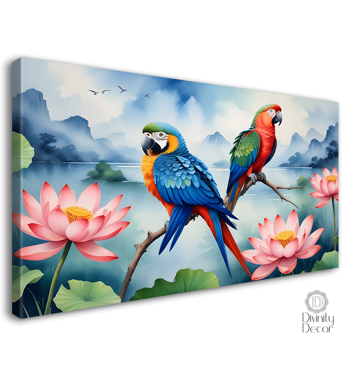 Two parrots with lotus and mountains in light blue background textured art. - Design - Animal - 46