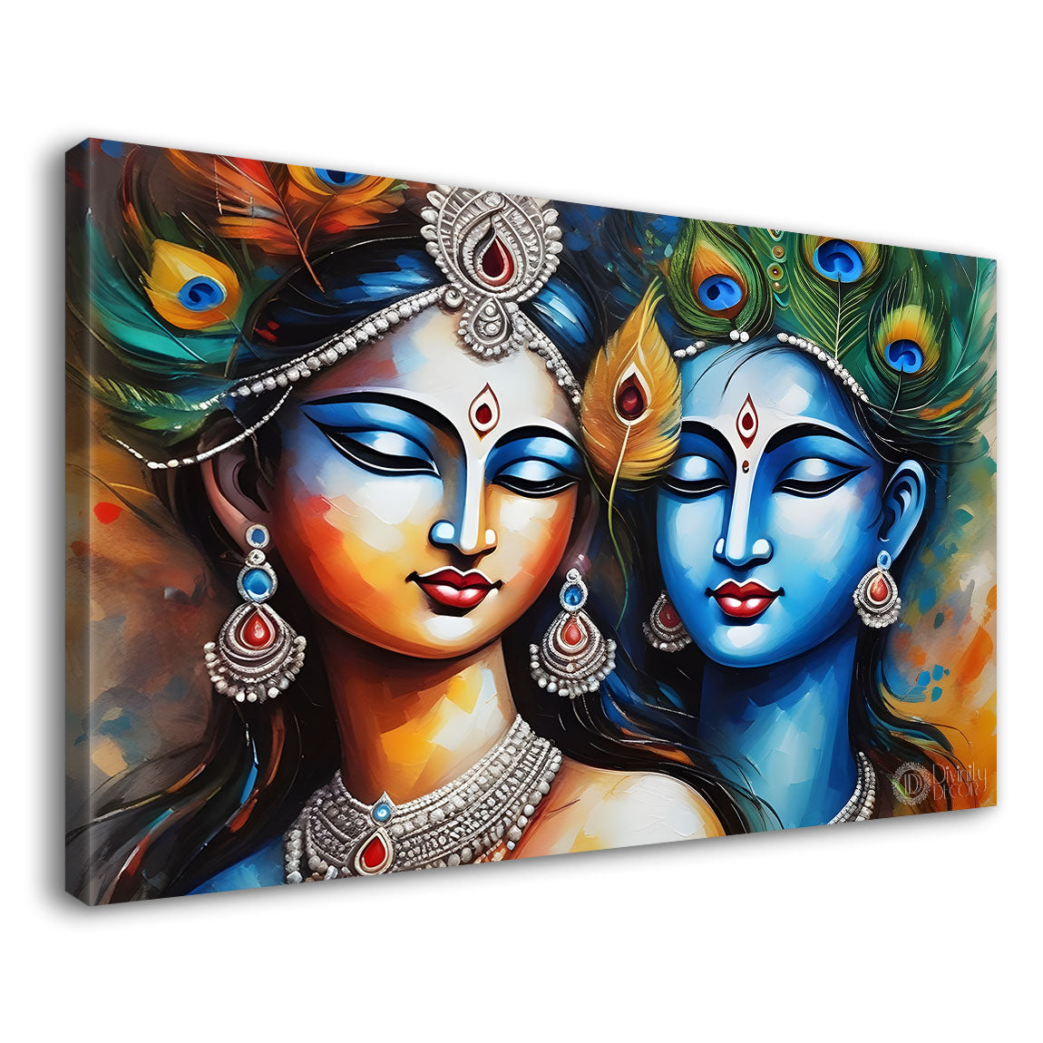 Blue face Krishna and Radha in peacock feather crowns textured painting Canvas Painting - Design - Krishna-46
