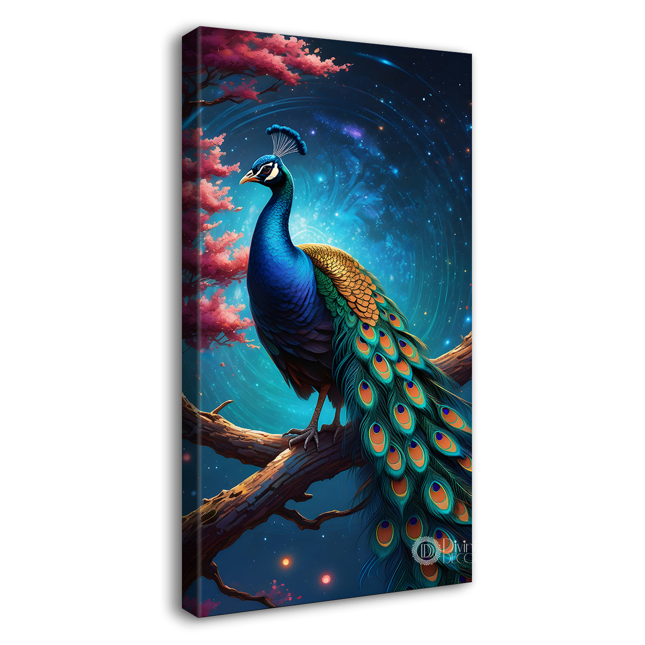 Peacock on branch with aqua background modern art painting   - Design - Peacock-V-46