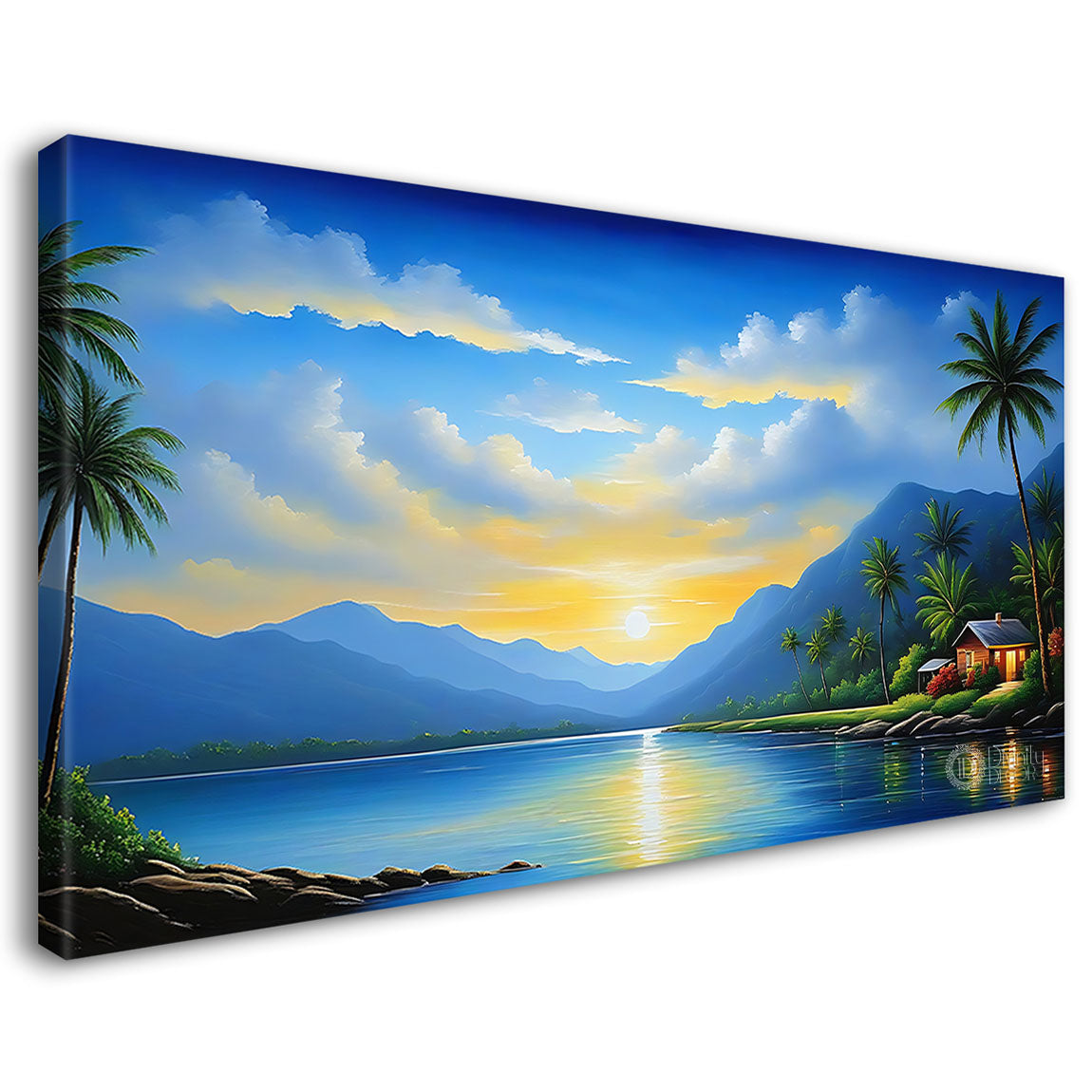 Mountains with lake and trees in sunrise textured natural art Canvas Painting - Nature Art -46