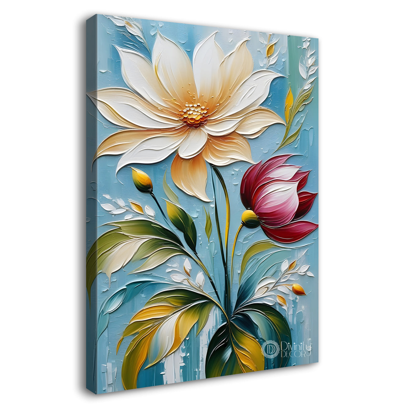 Pink and white flowers in blue textured background painting - Flower-V-46