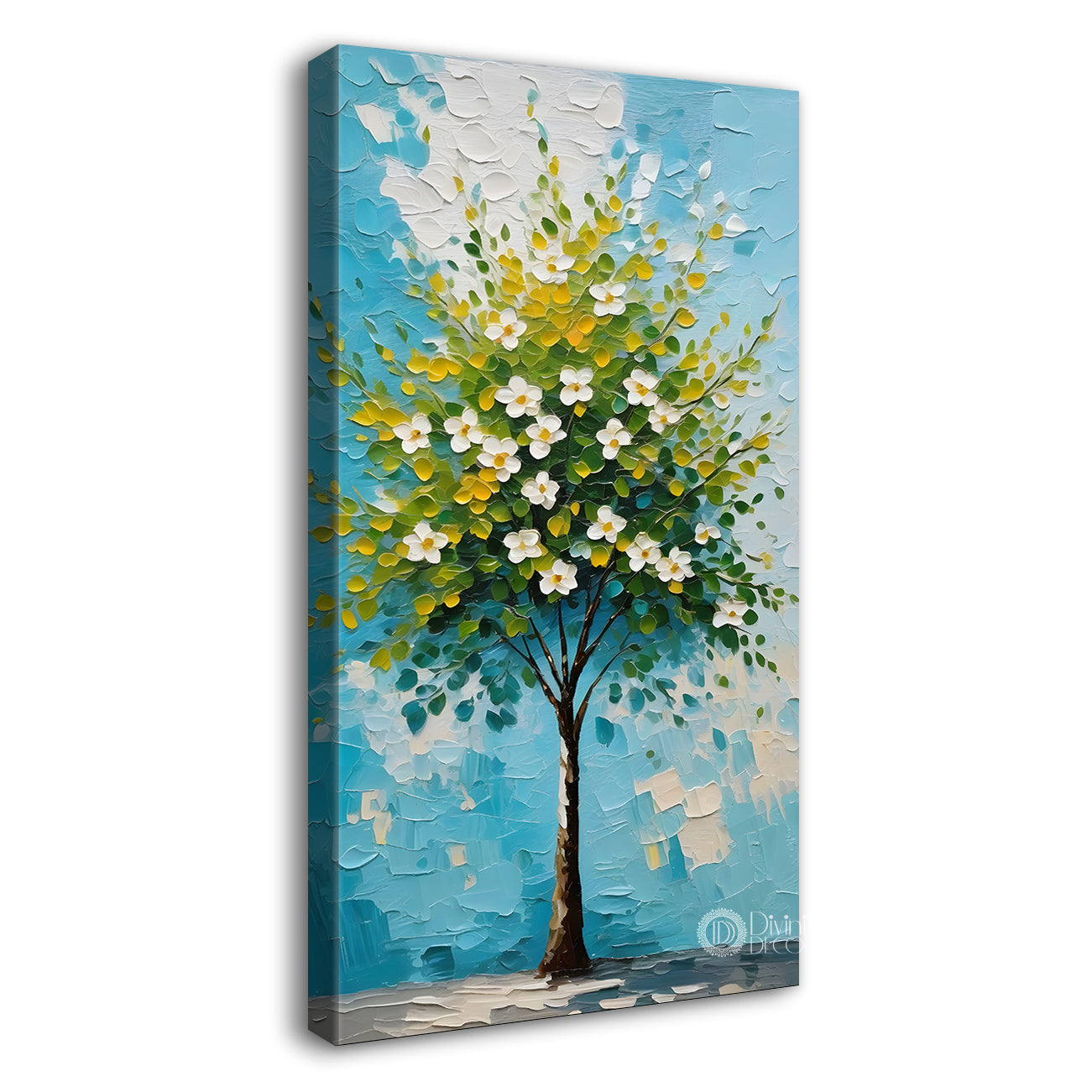 White flowers tree in textured oil painting Canvas painting - Tree-V-46