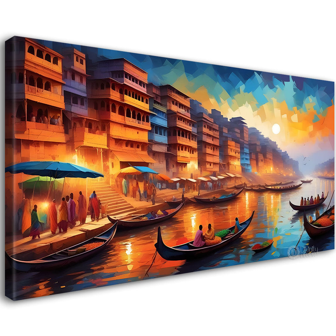 Banaras Ghaat view in textured modern art canvas painting - Design - River-46