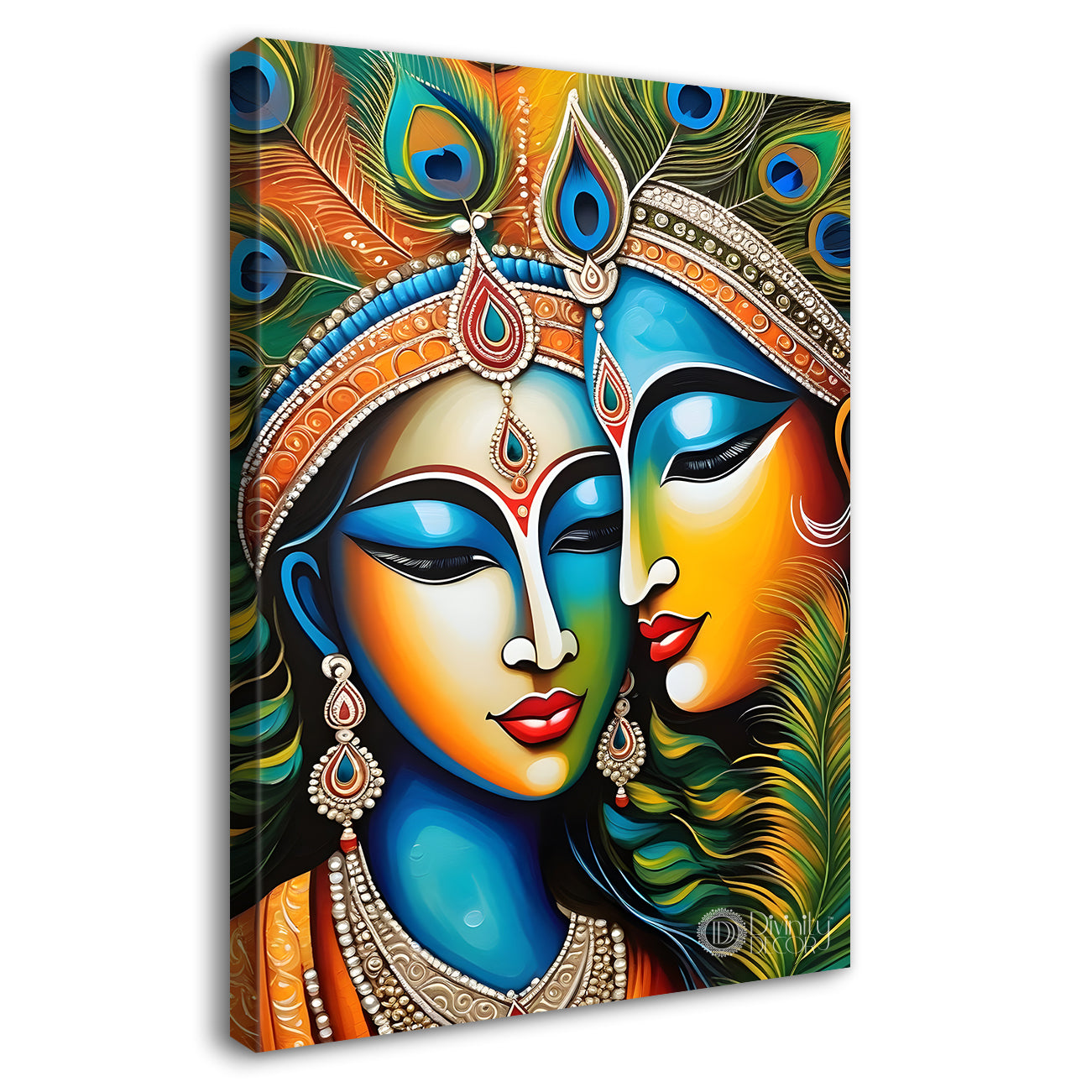 Blue face of krishna with radha in bright background textured art Canvas Painting - Design - Krishna-V-46