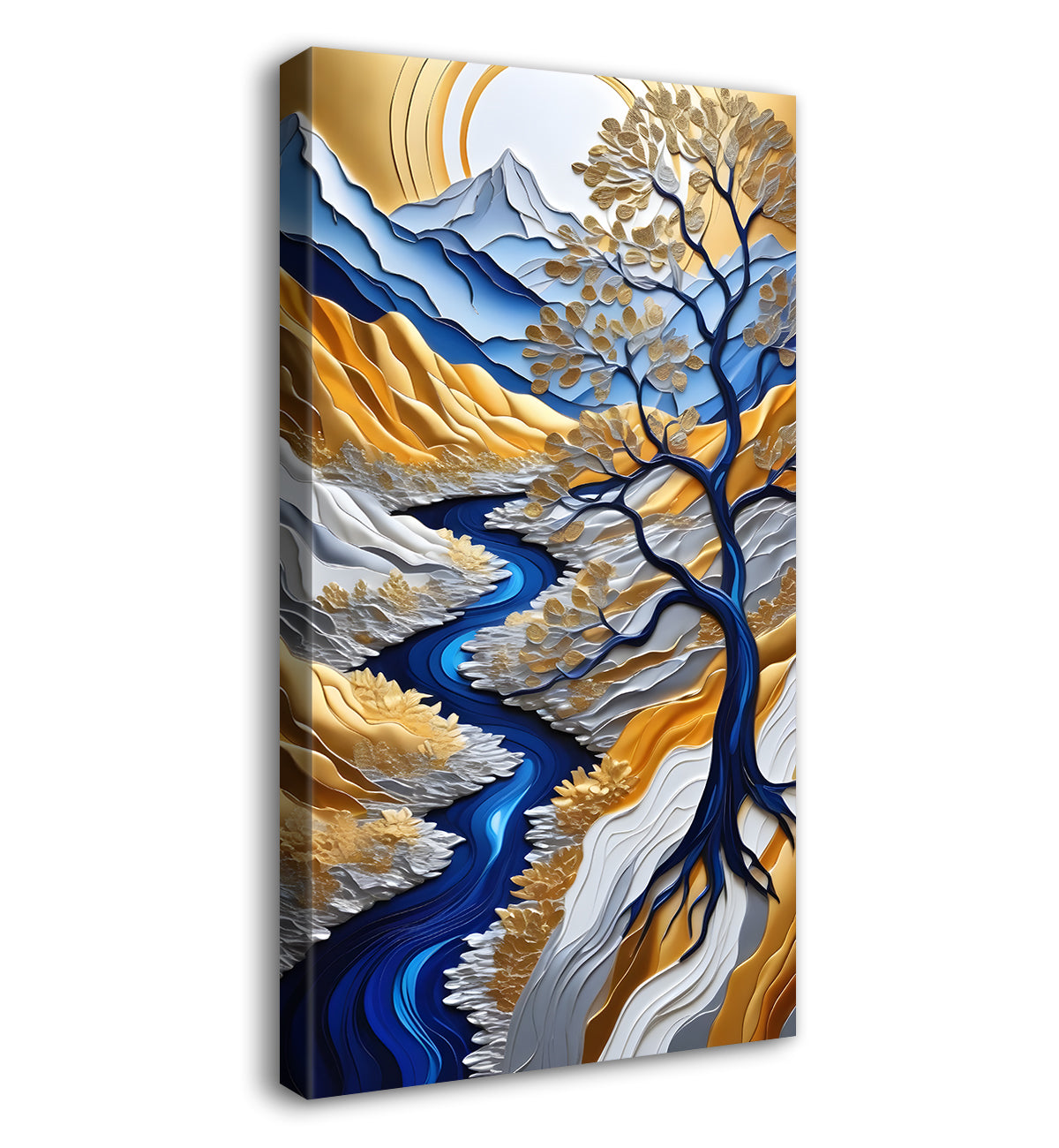 Blue mountains with golden trees and white moon textured natura art Canvas Painting - Nature Art -V-46