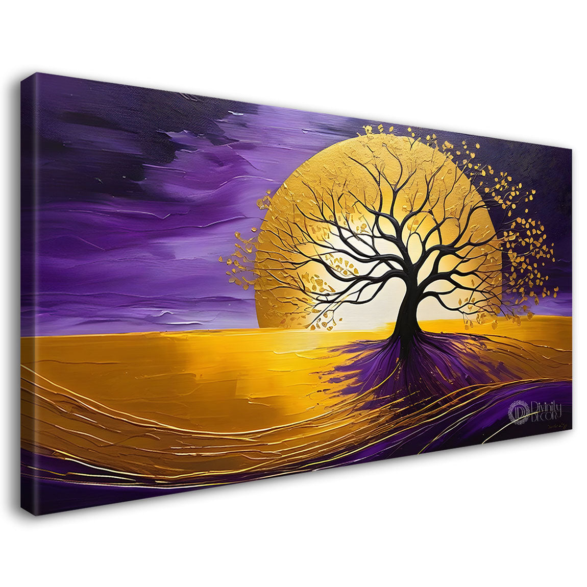 Golden tree in purple textured modern art Canvas Painting - Design - Tree-46