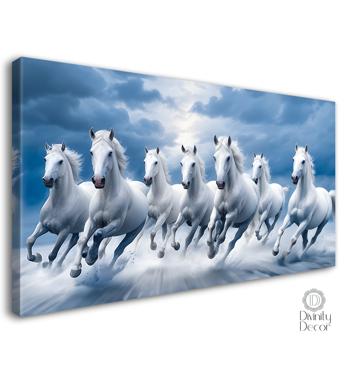 White running horses in cloudy and sky blue textured background art Canvas Painting - Design - Horse-47