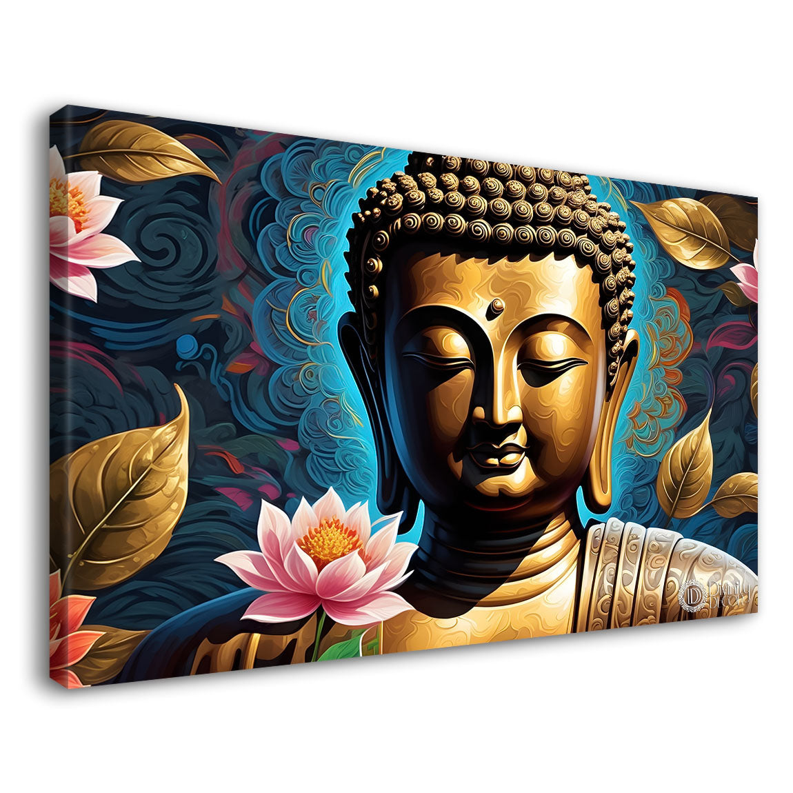 Golden buddha with the beautiful flowers background textured painting Canvas Wall Painting - Buddha-470