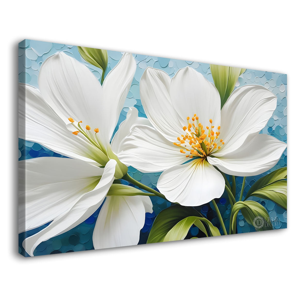 White flowers in blue background canvas painting- Flower-470