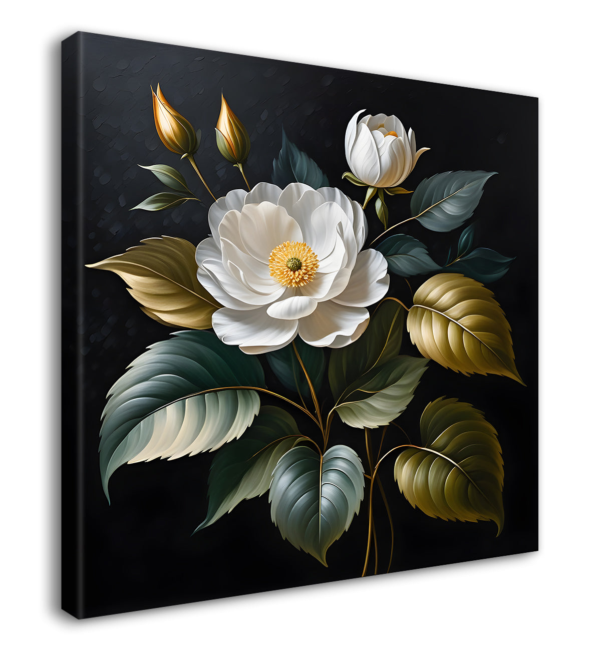 White flower in black textured oil painting - Flower-S-470